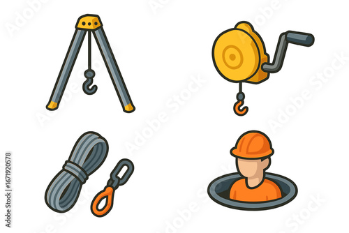 Confined space rescue icon set. Worker safety equipment for entry and retrieval. Industrial manhole tripod hoist, winch, and fall protection gear vector cartoon illustration.