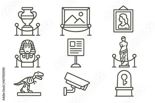 Museum exhibit icon set with artifacts, gallery displays, ancient statues, paintings, dinosaur skeleton, security camera, and informational plaques in linear style vector cartoon illustration