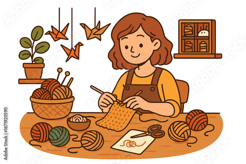 Creative Yarn Crafting and Knitting at Cozy Workspace with Colorful Yarn Balls, Knitting Needles, Origami Birds, and Handmade Supplies Illustration