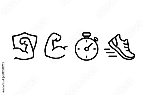 Champion attribute outline icon set. Vector symbols for game stats UI. Endurance, defense, strength, muscle, speed, stopwatch, agility, shoe. Fitness app. Athlete character skill.