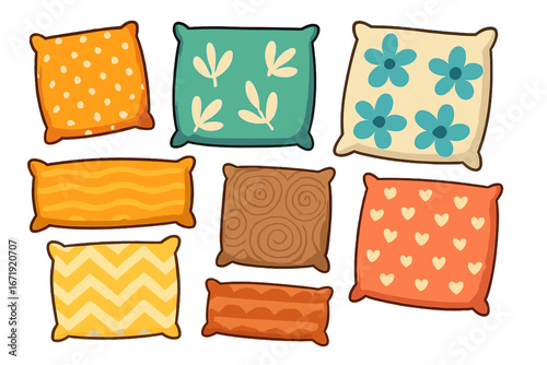 Decorative pillows set. Throw cushion collection. Home decor interior design concept. Cartoon vector illustration. Textile furniture comfort. Various patterns, floral, heart, polka dot.