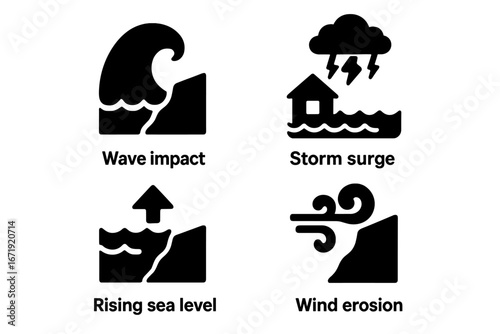Set of coastal erosion causes icons. Wave impact, storm surge, rising sea level, wind erosion. Global warming, natural disaster, climate change vector solid filled glyph concepts.