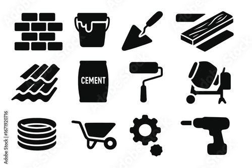 Construction solid icon set. Building tools and equipment glyphs. Home repair and renovation pictogram collection. Vector silhouettes of brick, cement, mixer, and drill.