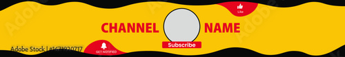 Vibrant YouTube Channel Banner with Wavy Yellow Background, Bold Red Text,  Subscribe Button and Like button