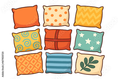 Decorative throw pillows collection. Cartoon cushion set with various patterns for interior design. Vector illustration of home decor elements. Geometric, star, botanical prints.