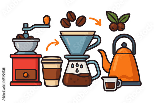 Coffee brewing process infographic. Pour over method with grinder, beans, kettle, dripper and cup. Alternative coffee making concept. Vector cartoon illustration for cafe menu.