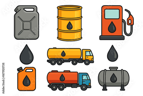 Oil and gas industry icon set. Vector collection of fuel symbols. Gas station pump, barrel, canister, tank truck, oil drop. Petroleum, diesel, and gasoline concept design.