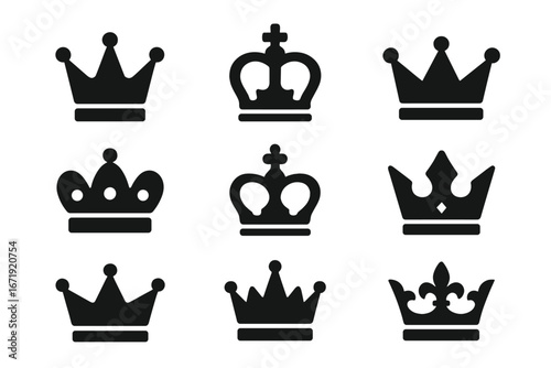 Crown royalty solid icon set. Majestic king and queen symbols collection. Royal monarchy heraldic element. Luxury and power logo silhouette. Vector illustration isolated.