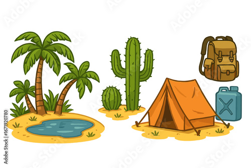 Desert survival and camping equipment set. Vector cartoon clipart collection with oasis, palm trees, cactus, tent, backpack, and water canister. Adventure travel illustration.