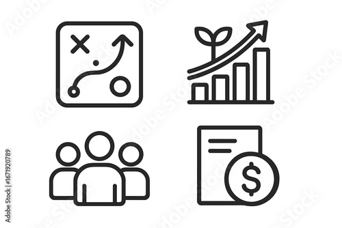 Business core concepts icon set. Vector line art. Strategy roadmap, financial growth graph, teamwork collaboration, budget report. Corporate success metaphor. Management icons.