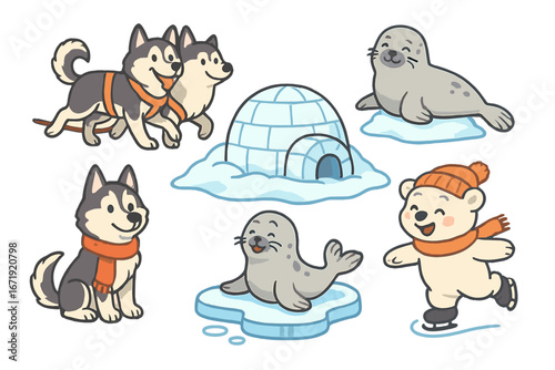 Cute Arctic animals and winter activities showcase with playful huskies, seals, and a joyful polar bear ice skating near iconic igloos in a snowy landscape. Vector cartoon illustration