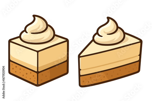 Cheesecake slice and square piece with whipped cream topping. Vector cartoon illustration of a sweet dessert pie. Food icon for bakery, pastry, or cafe menu design isolated.