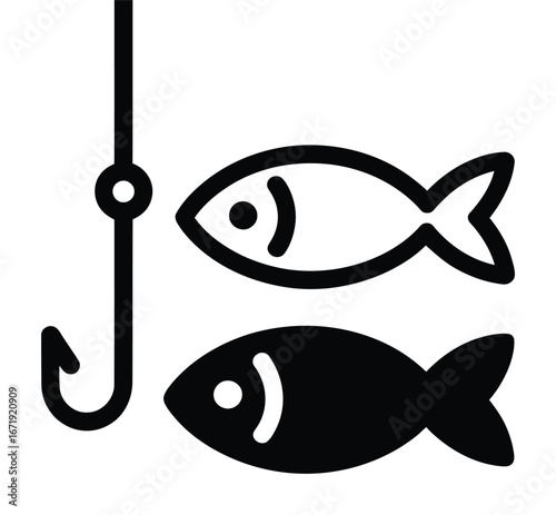 Minimalist black and white illustration of two fish and a fishing hook, symbolizing fishing, aquatic life, sport, and outdoor activity