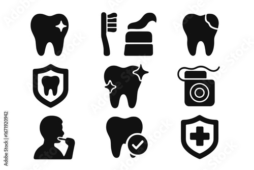 Dental health glyph icon set. Tooth care, oral hygiene, and dentistry symbols. Vector solid pictograms collection includes toothbrush, toothpaste, floss, caries, and protection.