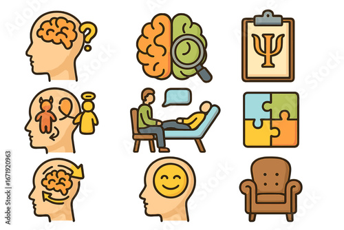 Psychology icon set for mental health, therapy, and counseling. Vector line icons for brain analysis, psychotherapy session, CBT, emotional state, and psychological symbol.