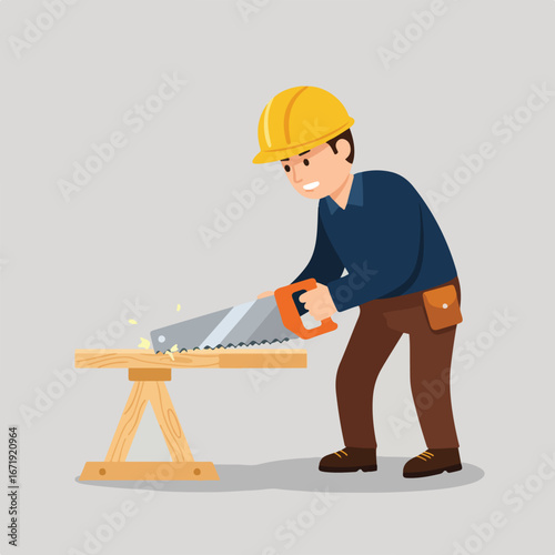 Carpenter sawing lumber outdoors