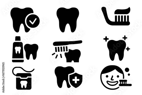 Dental health solid icon set. Tooth care, oral hygiene, and dentistry symbols. Vector glyph collection for clinic. Toothbrush, toothpaste, floss, brushing, cleaning concept.