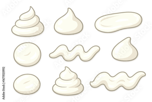 White cream set. Vector collection of different shapes. Whipped cream swirls, cosmetic lotion drops, sour cream or mayonnaise smears. Cartoon food topping and frosting.