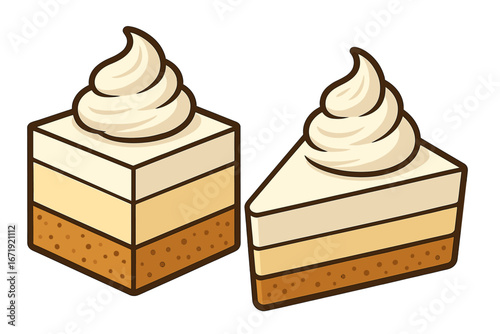 Detailed depiction of creamy two-layered cheesecake desserts with graham cracker crust, smooth whipped cream topping, simple geometric shapes, vector cartoon illustration on transparent background