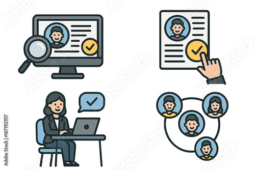 Job recruitment icons for online hiring and HR process. Vector set with candidate search, resume review, employee selection, and professional business networking concepts.