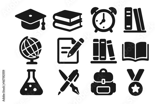 Education solid icon set. Academic learning vector symbols. School and university supplies collection with graduation cap, book, globe, backpack, medal. Study and knowledge.