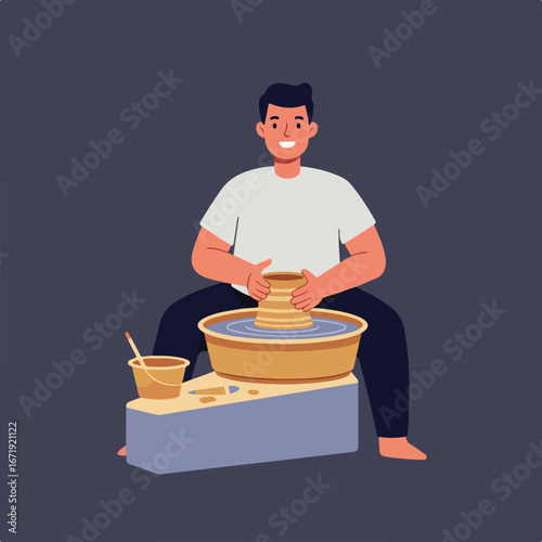 , keywords, and suggested category for the image

 Person Shaping Clay on Potter's Wheel in a Workshop Studio