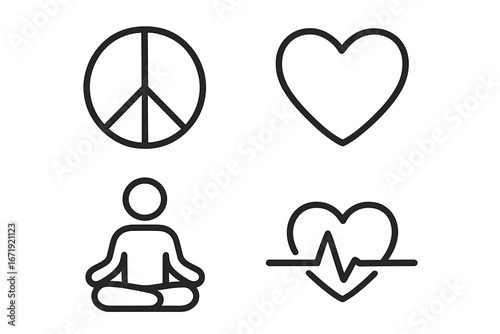 Peace and love heart line icon set, mindfulness and meditation symbols collection, vector cartoon illustration with transparent background, wellness and health icons