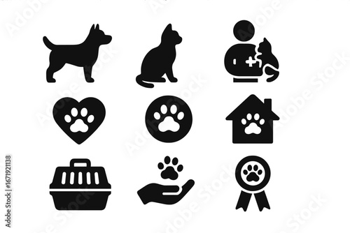 Pet care silhouette icon set, animal veterinary adoption shelter and rescue icons, vector cartoon illustration with transparent background, pet paw prints, carriers, and awards