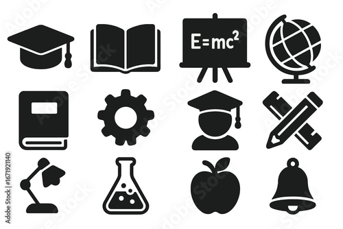 Education solid icon set. School, university, and learning symbols. Graduation cap, book, globe, student, and science icons for web and mobile. Vector glyph collection.