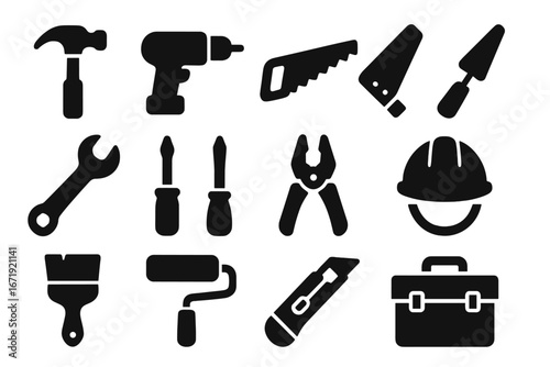 Construction tools icon set. Vector glyph symbols of work equipment for repair, DIY, and building. Handyman toolbox collection with hammer, drill, saw, and safety helmet.