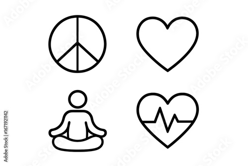 Peace and love heart line icon set, mindfulness and meditation symbols illustration, vector cartoon outline collection with transparent background, ordered set of 4 icons