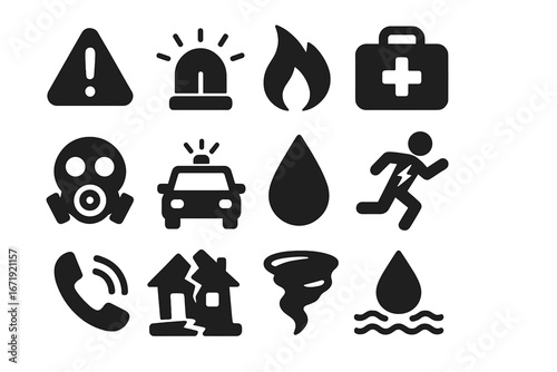 Emergency & crisis solid icon set. Essential safety and disaster pictograms. Fire, flood, earthquake, tornado warning signs. First aid, police & rescue vector symbols.