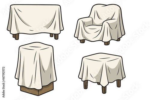 Various furniture pieces covered with white protective cloths, showcasing home storage and dust protection methods with cloth draped over chairs, tables, and stools, vector cartoon illustration