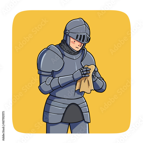 Knight Polishing Armor, Standing on Yellow Backdrop
