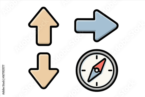 Set of directional arrows and compass icon. Navigation, orientation and travel symbol collection. Up, down, right pointer for guidance. Vector cartoon illustration for web.