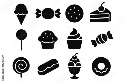 Dessert silhouette icon set. Sweet treats collection with candy, cookie, cake, ice cream, donut icons. Vector graphic for bakery, cafe, pastry shop menu. Confectionery food.