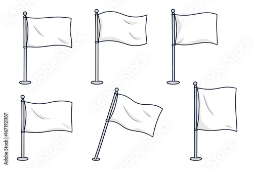Set of white blank flags on poles. Waving flag mockup collection for advertising and branding. Vector cartoon illustration. Empty banner template for custom design symbol.