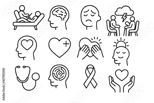 Mental health icon set. Psychology, therapy and counseling symbols. Brain, mind, head silhouette, support, emotion and wellness concepts. Line art vector illustration for awareness.