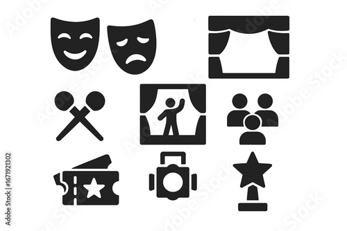 Theater and entertainment solid glyph icon set. Performance, stage, actor, and audience collection. Cinema tickets, drama masks, spotlight, and award vector icons.