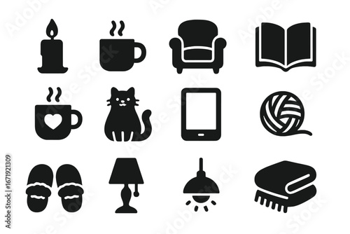 Cozy lifestyle silhouette icons set. Hygge concept symbols. Home comfort, relaxation and leisure glyph collection. Vector illustration of winter essentials like cat, book, and tea.