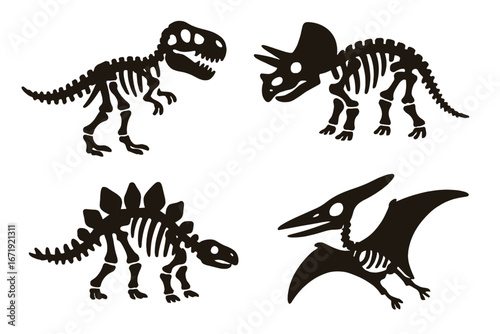Dinosaur fossil silhouette icon set, prehistoric skeleton creatures, Jurassic illustrations, vector cartoon style, transparent background, ordered set of 4 unique designs