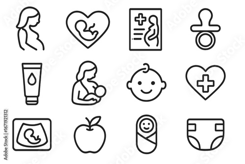 Pregnancy and Maternity Outline Icon Set, Health and Baby Care Symbols Line Collection, Prenatal and Infant Care Vector Cartoon Illustration with Transparent Background, Ordered Icons