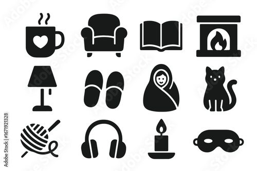 Cozy lifestyle hygge solid icons set. Home comfort and leisure symbols. Relaxation, autumn, winter season concept. Vector glyphs. Cat, book, fireplace, slippers, candle.