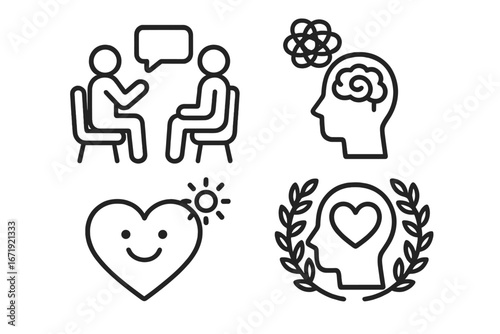 Mental health icon set vector. Psychology, therapy, and counseling symbols. Brain, stress, anxiety, confusion. Self-care, love, happiness, and emotional well-being line art.