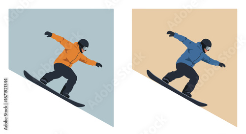 Snowboarders Sliding Downhill Orange and Blue Jackets on Mountain