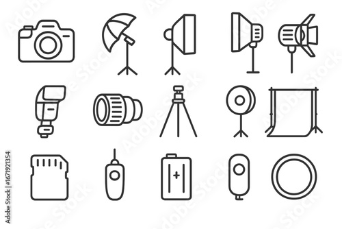 Photography equipment outline icon set including camera, lighting, studio tools, flash, tripod, lens, backdrop, remote, battery, and accessories in vector cartoon style with transparent background