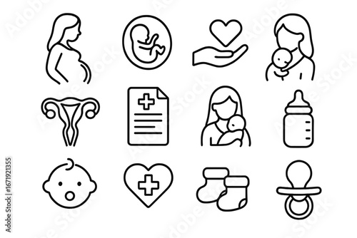 Pregnancy and Maternity Outline Icon Set, Health and Baby Care Symbols, Newborn and Infant Essentials, Medical and Maternal Support Line Collection Vector