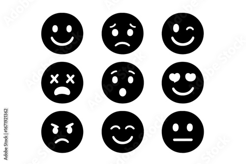 Emoji silhouette icon set. Black vector emoticons with various emotions. Happy, sad, angry, love, surprised, dead, winking face icons for social media, messaging and web UI.