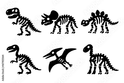 Dinosaur fossil silhouette icon set, prehistoric skeleton creatures, Jurassic era illustrations, vector cartoon style with transparent background, ordered collection of 6 dinosaur bones outlines