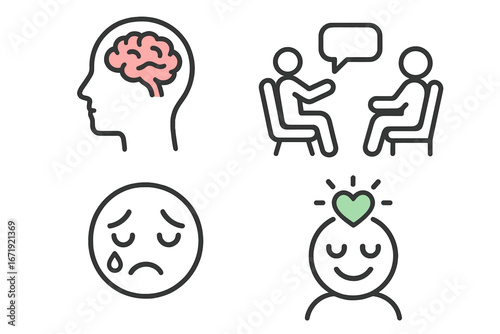 Mental health icon set. Psychology, therapy session, counseling concept. Brain, sad and happy emotion face. From depression to wellness. Minimalist line art vector illustration.